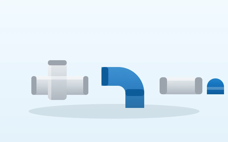 Illustration of a PVC fittings assortment: tee, elbow, coupler and cap