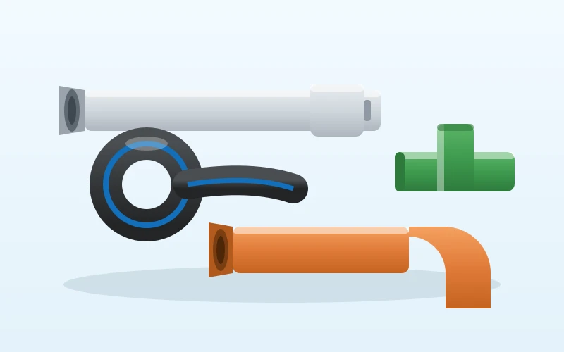 Illustration of the KEUS pipe families: uPVC pressure, HDPE coil, PVC drainage and PPR