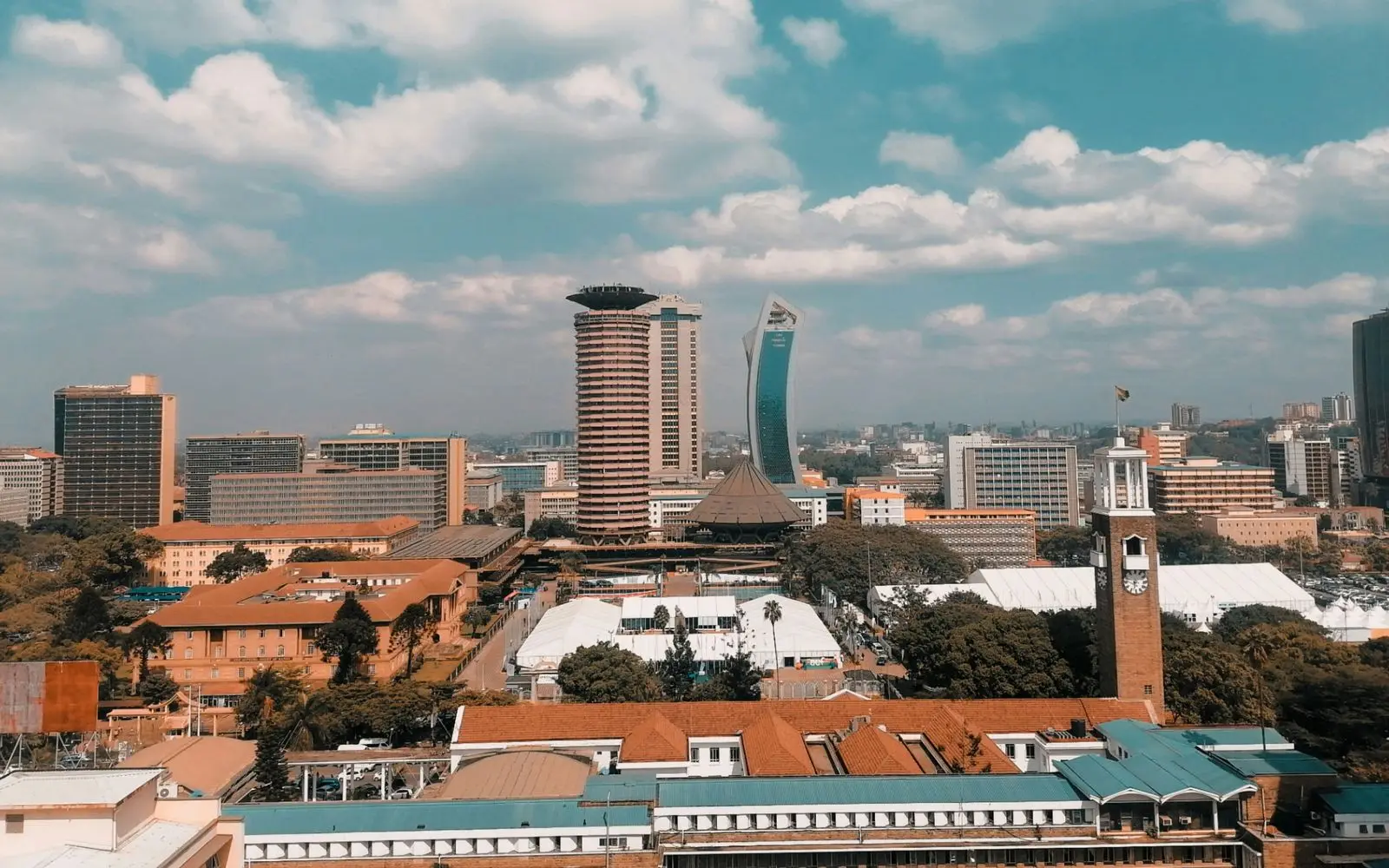 Nairobi skyline with the KICC and City Hall clock tower