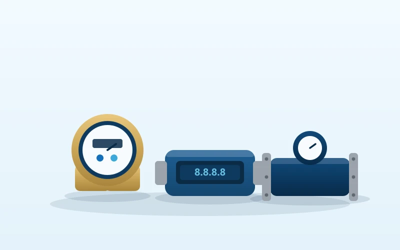 Illustration of water meter bodies: mechanical dial, ultrasonic digital and flanged bulk meter