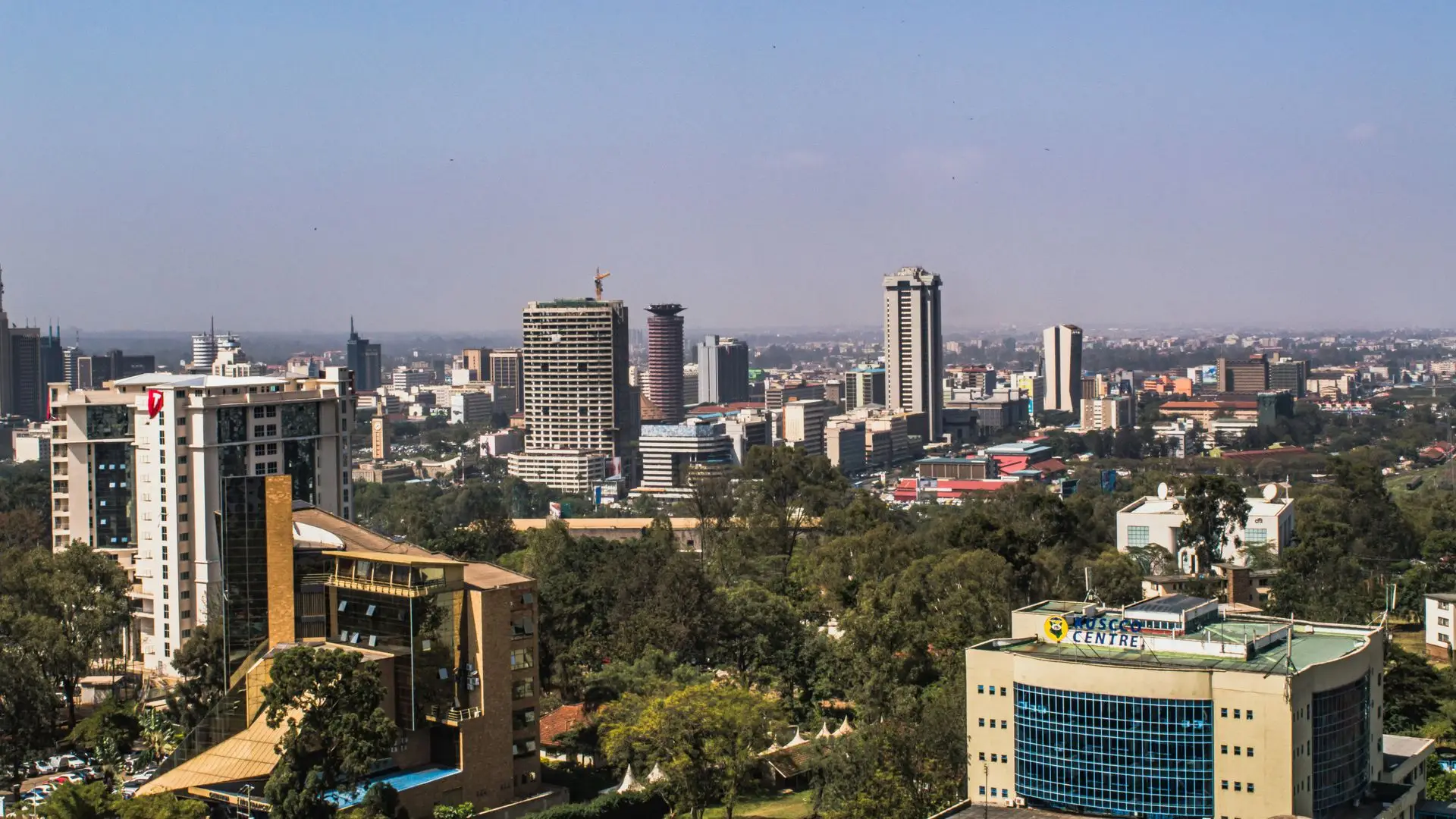 Nairobi city skyline with the KICC and Times Tower on a clear day